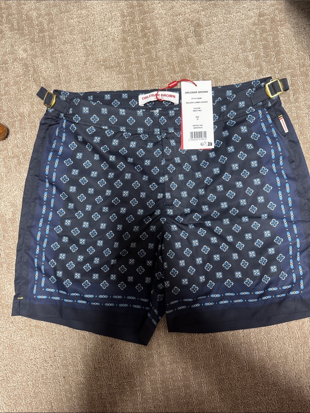 Orlebar Brown Navy Swim Shorts with Light Blue Pattern NWT